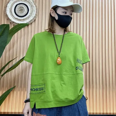 文艺复古字母短袖T恤女2023夏新款宽松休闲遮肉时尚百搭圆领上衣图片