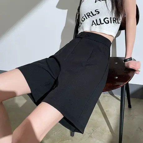 短裤女夏季薄款宽松胖mm高腰显瘦休闲西装直筒阔腿中裤冰丝五分裤商品大图