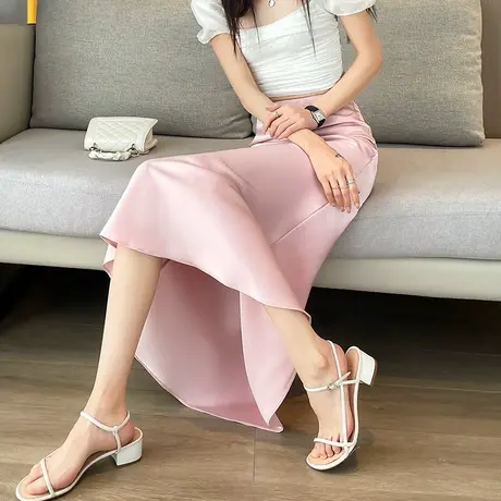 缎面醋酸丝滑半身裙包臀裙女夏季新款松紧高腰显瘦中长鱼尾A字裙图片