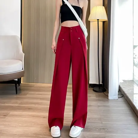 酒红色西装阔腿裤女2023年春秋新款高腰垂坠感宽松显瘦休闲直筒裤图片