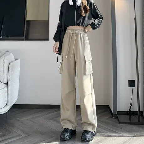 卡其色工装裤女秋季2023新款高腰抽绳束脚登山裤阔腿美式运动裤子商品大图
