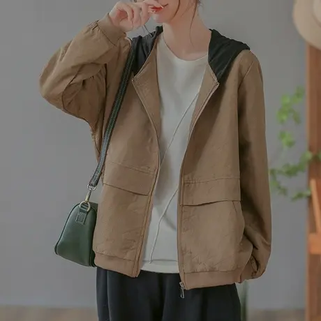 dza 复古拼接连帽休闲短款外套女士春秋菱格上衣宽松口袋显瘦夹克图片