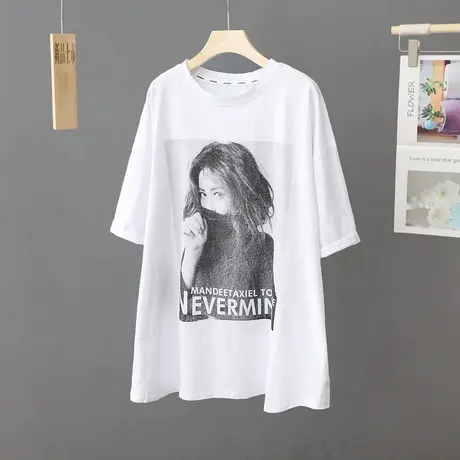 2024年新款设计感小众印花白色t恤女短袖中长款宽松夏季半袖上衣商品大图