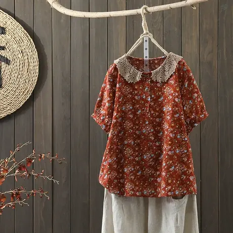 枫谜21年夏季文艺复古麻碎花棉麻短袖t恤女宽松蕾丝拼接套头上衣商品大图