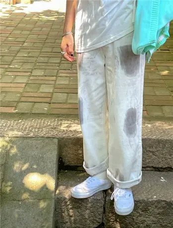 红续春秋装新款港风ins复古涂鸦直筒宽松显瘦百搭休闲牛仔长裤女图片