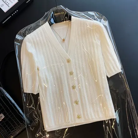 海星扣显瘦弹力V领短袖针织开衫女设计感洋气短款上衣小衫春夏季商品大图