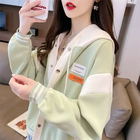 休闲外套女2023新款秋冬季韩版宽松加绒加厚撞色夹克棒球服开衫潮商品大图