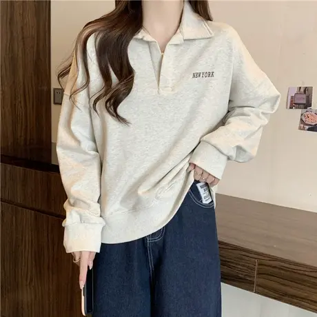 POLO翻领卫衣女春秋薄款2024新款学生宽松百搭洋气减龄上衣服外套商品大图