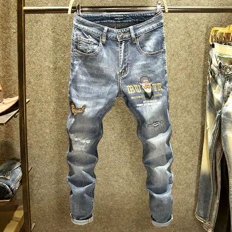 印花高端牛仔裤男烫钻修身小脚裤欧货潮牌刺绣百搭休闲弹力长裤子商品大图