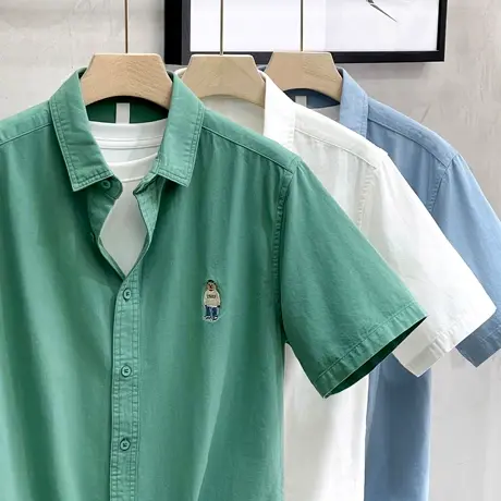 夏季高级感刺绣小熊短袖衬衣男宽松休闲纯棉中袖衬衫外套寸衫白色商品大图