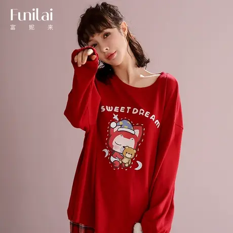 富妮来阿狸睡衣舒适纯棉卡通格子裤套装家居服秋款圆领大红两件套图片
