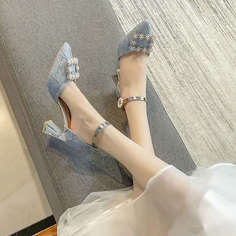 伴娘鞋女2025年春季新款时尚尖头水钻高跟鞋细跟女珍珠一字带凉鞋图片