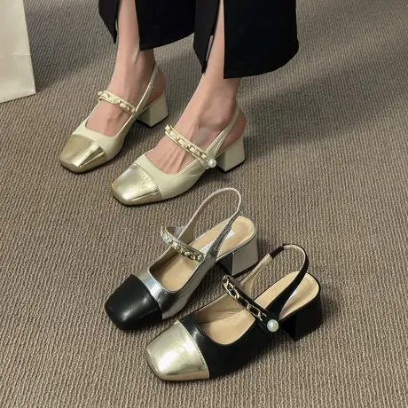 玛丽珍凉鞋女款春季2024年新款拼色方头高跟鞋女粗跟一脚蹬女鞋子图片