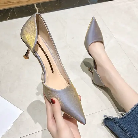 法式仙女风高跟鞋女细跟2024年春季新款性感尖头中空绸缎浅口单鞋图片