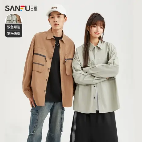 三福2024春男士户外工装口袋长衬衫 宽松纯棉翻领上衣男479147商品大图