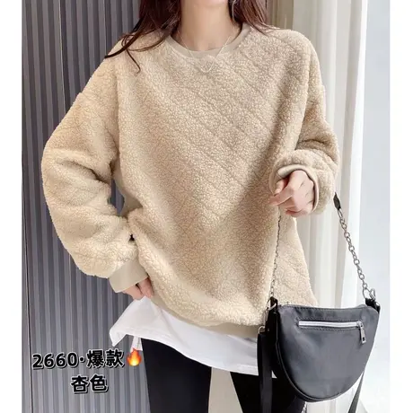 时尚洋气羊羔毛加绒加厚卫衣女宽松百搭秋冬新款保暖外套运动上衣图片