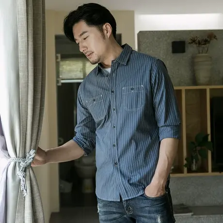 格慕施秋季条纹长袖衬衫男休闲大码宽松衬衣竖条纯棉青年潮流男装商品大图