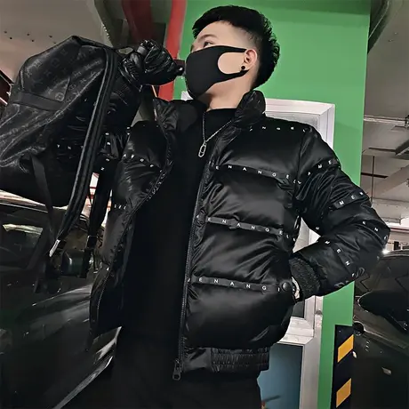 棉服男冬款暗黑个性炸街拼接印花字母棉衣潮牌立领加厚棉袄外套图片