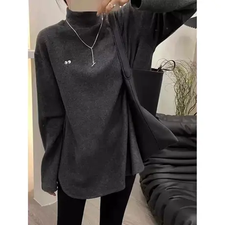 2024新款半高领长袖T恤女秋冬装德绒保暖打底衫韩版宽松内搭上衣商品大图