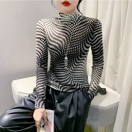 2024春秋新款时尚网纱半高领长袖T恤修身打底衫内塔上衣女送项链商品大图