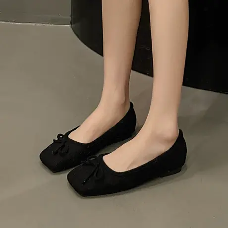 法式玛丽珍鞋女2023秋冬季新款时尚蝴蝶结浅口单鞋软底通勤毛毛鞋商品大图