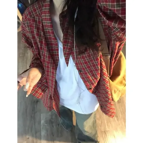 chic美式港风格子衬衫女春秋百搭宽松韩版纽扣开衫上衣慵懒衬衣潮图片