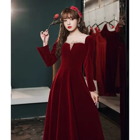 敬酒服冬季丝绒长款新娘结婚酒红色气质冬天加厚保暖长袖晚礼服女图片