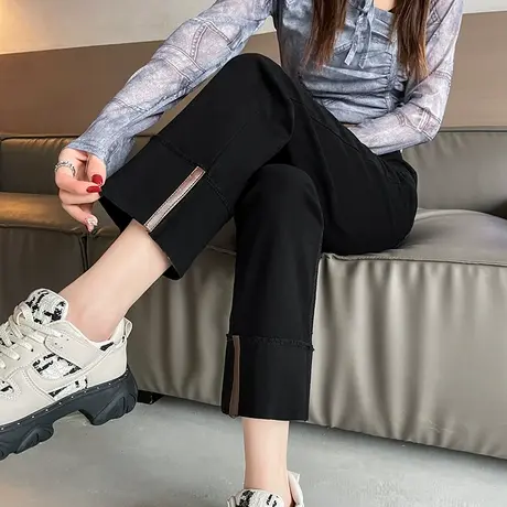 挽边直筒牛仔裤女2024年春秋新款高腰宽松显瘦八九分小个子烟管裤图片