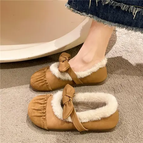 棉鞋女冬外穿2024年新款法式温柔平底加绒毛毛鞋蝴蝶结软底豆豆鞋商品大图