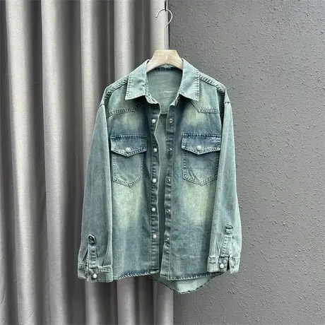 欧货磨白上衣女2024春季新款蓝色单排扣设计感时尚百搭牛仔外套女图片