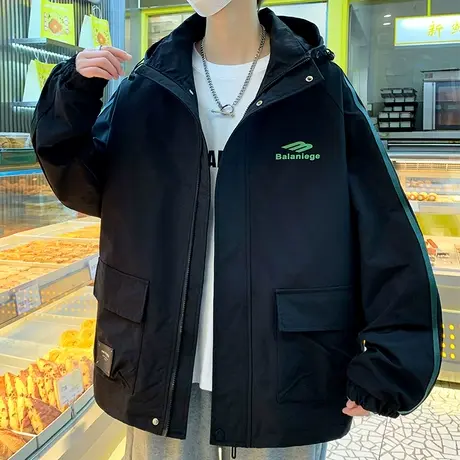 港风连帽外套男春秋款字母印花夹克男装潮牌青少年休闲工装冲锋衣商品大图