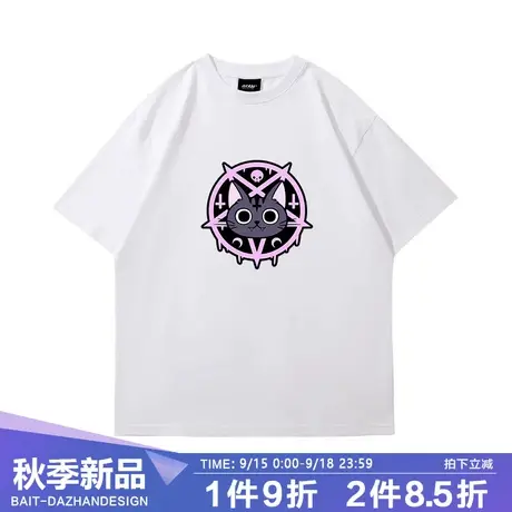 美式卡通萌宠猫咪潮牌印花短袖T恤落肩宽松男女情侣休闲打底衫商品大图