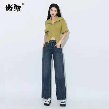 蓝色弹力高腰牛仔直筒裤2023年秋季新品阔腿裤修身显瘦宽松裤百搭商品大图