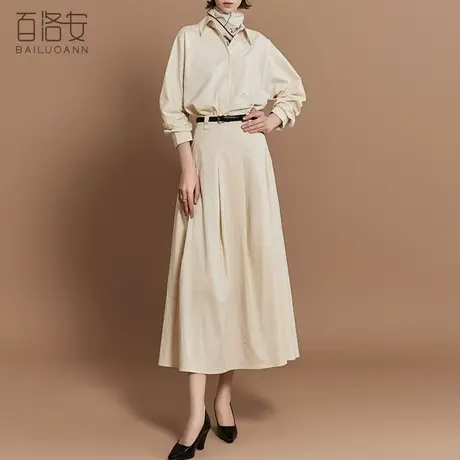 百洛安设计感小众收腰连衣裙女衬衫裙春季新款时尚翻领长袖中长裙商品大图