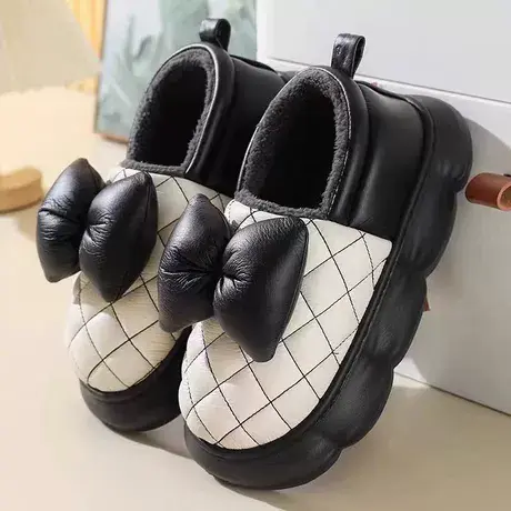 厚底棉拖鞋女士包跟家用PU皮防水拖鞋冬加绒保暖防寒棉鞋软底外穿商品大图