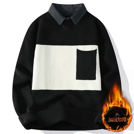 2023秋冬季新款男士假两件毛衣加绒加厚针织衫冬装打底衫线衣线衫商品大图