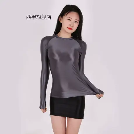 很薄油亮光泽紧身上衣修身T恤性感透明透气舒适运动欧美大码7051图片