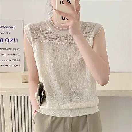 镂空圆领针织衫女2024年春夏季新款网纱拼接薄款纯色钉珠上衣洋气商品大图
