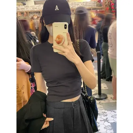 2024春夏季显瘦正肩短袖t恤女纯棉百搭收腰抽褶纯欲上衣商品大图