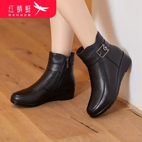 红蜻蜓女鞋2023年新款冬季中年妈妈棉鞋加绒保暖靴子真皮小短靴子商品大图