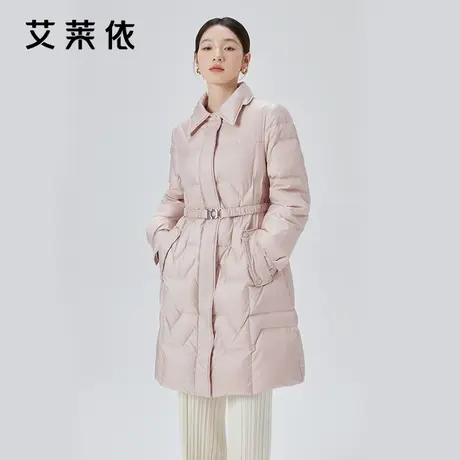 艾莱依蝴蝶领羽绒服冬季女2023新款长款设计感可脱卸腰带鸭绒外套图片