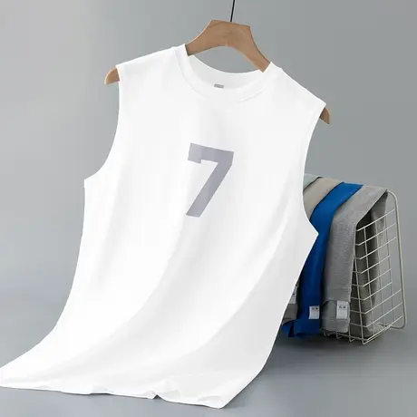重磅纯棉背心男生白色跨栏健身外穿全棉无袖t恤篮球运动宽肩坎肩商品大图
