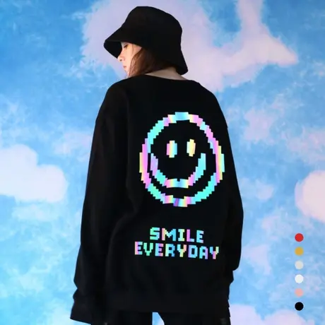 笑脸情侣装卫衣男女宽松圆领慵懒风反光炸街黑色学生长袖班服定制商品大图
