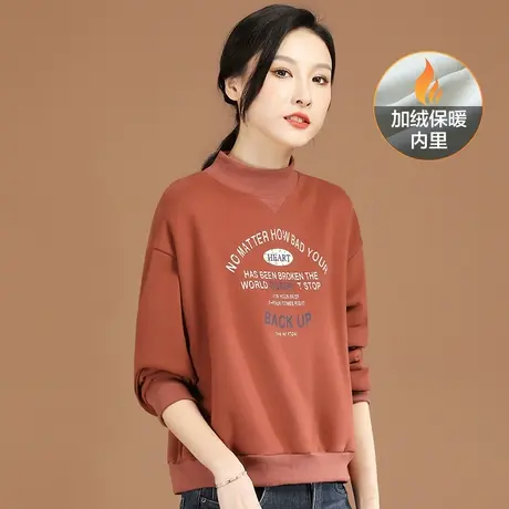 韩潮袭人半高领加绒印花套头卫衣女2023冬季新款宽松休闲长袖T恤商品大图