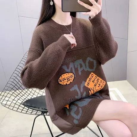 中长款棉服女早春2023新款韩版宽松显瘦针织毛衣拼接加厚套头上衣图片