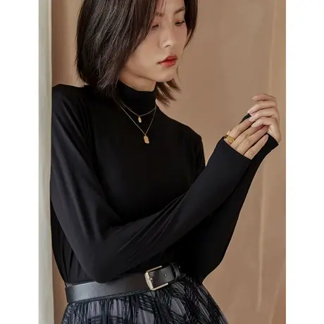 弥古黑色半高领打底t恤长袖薄款秋季女装上衣修身白色内搭肌底衣商品大图