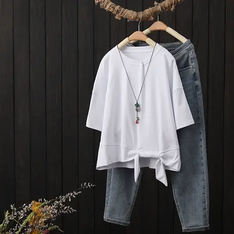 夏季2023新款下摆蝴蝶结设计短袖t恤衫女装纽扣圆领纯色全棉上衣商品大图