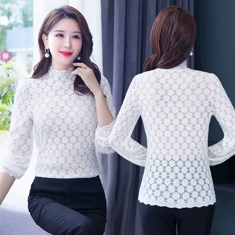 长袖蕾丝上衣女2022新款秋冬气质淑女米色半高领钩花镂空内搭小衫图片