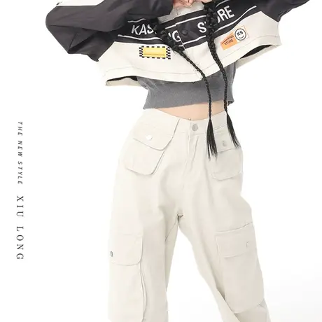 美式工装裤女高腰秋天薄款2023年新款设计感宽松显瘦阔腿休闲裤子图片