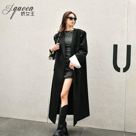 西装外套女长款2023年秋季新款黑色小众设计感时尚翻袖风衣大衣商品大图